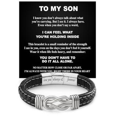 Imagem de Larvincy Pulseira To My Son de mãe e pai com mensagem sincera e caixa elegante, joias para filhos, presentes de mãe e pai, pulseiras para homens em aniversário, casamento, dia dos pais, Natal e mais