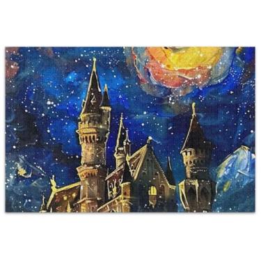Imagem de Quebra-cabeça pintura céu estrelado castelo 500 peças adulto decoração de casa arte brinquedo adulto presentes para amantes de quebra-cabeça