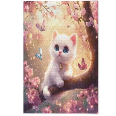 Imagem de Quebra-cabeça rosa com flores de gatinho branco fofo 1000 peças para amigos adultos presentes de jogos de família, quebra-cabeças criativos legais arte pintura de jogos de família, 1000 peças, 75 x 50