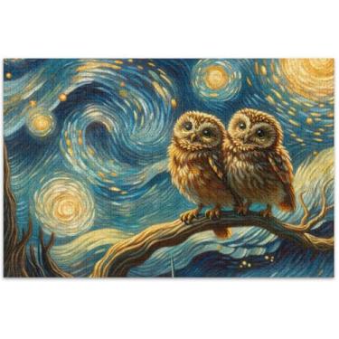 Imagem de Corujas Quebra-cabeça floral noite estrelada 500 peças para adultos decoração de pintura animal diversão família quebra-cabeça presentes para jogo de elefante branco, 51 x 35 centímetros