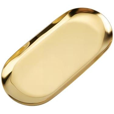Imagem de CRASPIRE Bandeja oval pequena dourada de 17 x 9 cm, bandejas de bugigangas de aço inoxidável, prato de armazenamento de alimentos, organizador de cosméticos para prato de servir, joias, toalha