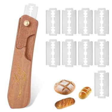 Imagem de Ferramenta de Pontuação de Massa Pão, Profissional Sourdough Madeira Lame com 10 Lâminas Barbear Aço Inoxidável Faca Massa Pão para Fazer Suprimentos Cozimento