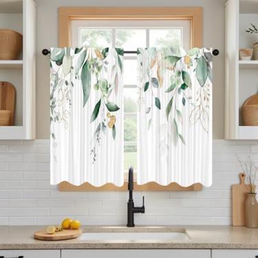 Imagem de DOTOOMA 66 x 91 cm Sálvia Verde Ouro Eucalipto Botânico Pequena Cortina de Cozinha Planta de Tratamento Aquarela Café Janela Curta Banheiro Sala de Jantar Cortinas Camada 2 Painéis