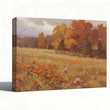 Imagem de Arte de parede em tela de paisagem de outono, pintura a óleo de árvores de outono e campo dourado para sala de estar, corredor ou escritório, arte da natureza do campo, 20 x 25 cm