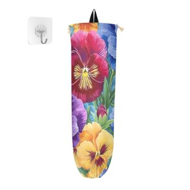 Imagem de Amores-perfeitos em um organizador de bolsa de parede azul, suporte de sacola de supermercado, organizador de bolsas para armazenamento de sacolas plásticas de cozinha