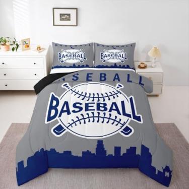 Imagem de Jogo de cama casal de beisebol, cidade, jogos esportivos, silhueta urbana, para quarto de crianças, adolescentes e adultos, azul marinho e cinza (Los Angeles)