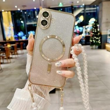 Imagem de Capa para Samsung Galaxy S24 FE S25 S23 Ultra S21 S20 S22 Plus com cordão magnético pérola e alça transversal com glitter, dourada, para S20 Ultra
