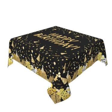 Imagem de Toalha de mesa quadrada de aniversário 52 x 52 Inc caixa de presente dourada preta impressa com tema de feliz aniversário toalha de mesa decorativa sazonal festiva rústica casa de fazenda para