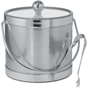 Imagem de Balde de gelo isolado de parede dupla feito à mão nos EUA Coleção Deco metálico com pinças de gelo (3 quartos, prata)