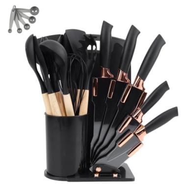 Imagem de Kit Utensílios de Cozinha Silicone 19 Peças com Facas | Cabo de Madeira Completo(Preto)