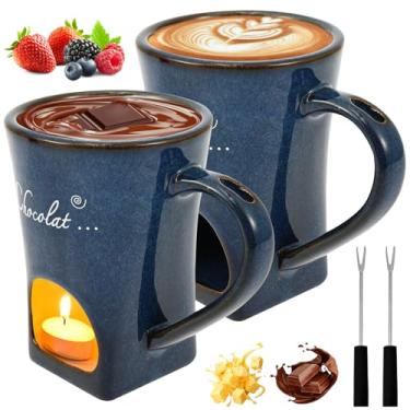 Imagem de Caneca de fondue de chocolate com garfos, copo de derretimento de chocolate de cerâmica seguro para micro-ondas de 150 ml para manteiga de queijo caramelo e sobremesas, conjunto de panela de fondue