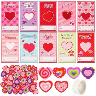 Imagem de Gilprop 50 Set Valentine's Day Eraser Bulk Heart Mini Erasers with Valentine Cards Erasers for Prizes, Gift Exchange, Party Favors