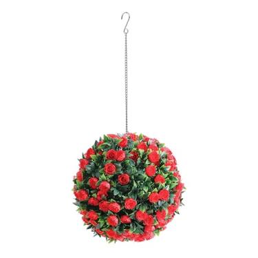 Imagem de Mikasa Planta floral falsa com flores vermelhas, buxo, videira de vegetação artificial, planta de cesta de plástico realista de forma redonda, flores falsas para decoração de casa, interior e exterior