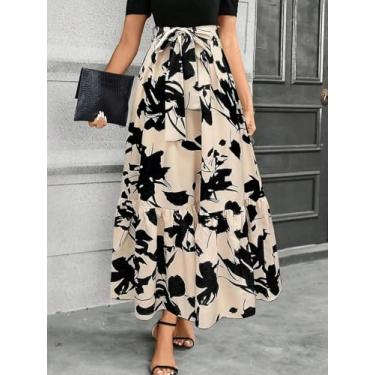 Imagem de Saia maxi floral bege e preta feminina - Saia de cinto com laço de cintura alta, Damasco, M