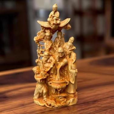 Imagem de FENNYYAR Escultura em madeira de cipreste de penhasco oito imortais cruzando o mar estátua de Buda com caixa, 16 cm 16 cm, ornamento decorativo de escultura
