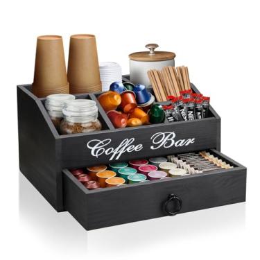 Imagem de MISTOD Organizador de cápsulas para estação de café com gaveta, acessórios de cafeteria de madeira de fazenda, decoração e cesta de condimentos de chá para bancada
