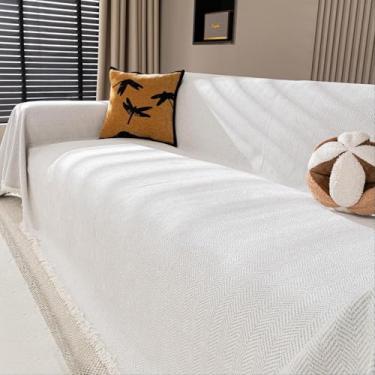 Imagem de Nobildonna Capa de sofá de chenille lavável para animais de estimação, capa de sofá com borla, para 2 almofadas, protetor de móveis, cobertor para sala de estar, branca 180 x 259 cm