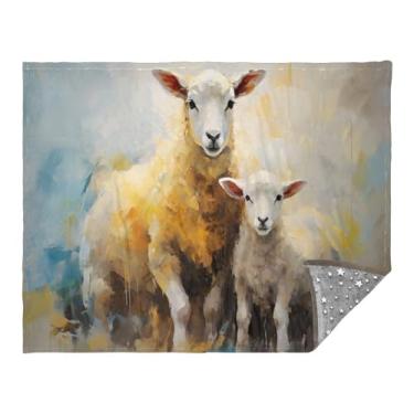 Imagem de CEBUGI Cobertor de flanela quente macio 127 x 178 cm para sofá-cama, escritório, acampamento, viagem, cordeiro, ovelha, pintura a óleo, para todas as estações