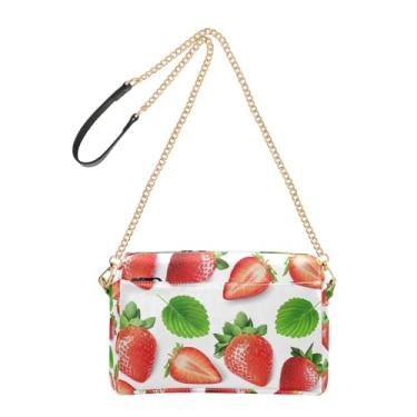 Imagem de Joitme Bolsa feminina branca de folhas verdes morangos, bolsa tiracolo com alça de corrente de couro PU, bolsa de ombro para celular fofa
