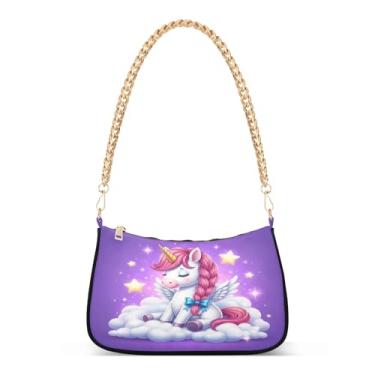 Imagem de Linda bolsa de ombro de corrente roxa unicórnio rosa Hobo feminina com grande capacidade, bolsa de noite moderna para uso diário e festa