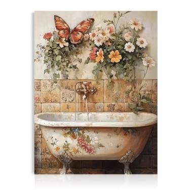 Imagem de Dazzlewall Arte de parede de banheiro floral vintage, shabby chic banheira borboleta flores coloridas pôster para decoração de banheiro banheiro 12 x 41 polegadas sem moldura