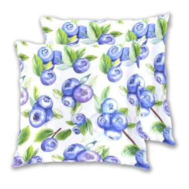 Imagem de Conjunto de 2 capas de almofadas de frutas azuis suculentas de mirtilo, capa de almofada para sofá de cama fofa, decoração de casa, 40,6 x 40,6 cm, 2 peças