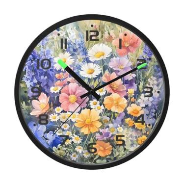 Imagem de SEHANY Herb Wildflower Relógio de parede silencioso sem tique-taque relógio redondo operado por bateria 30 cm controle de som luz noturna relógios de parede para sala de estar, cozinha, quarto