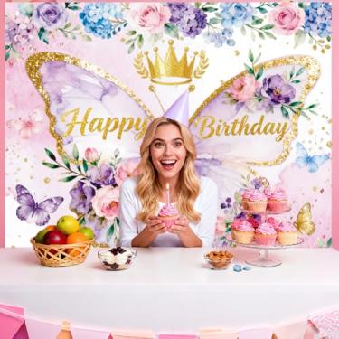 Imagem de WADORN Pano de fundo de decoração de feliz aniversário de borboleta, 14 x 1,6 m, flores de borboleta, coroa, banner, cenário, tema de feliz aniversário, fotografia de fundo, adereços de cabine de