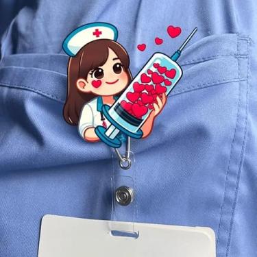 Imagem de Carretel de crachá engraçado de enfermeira, design de seringa de coração romântico para dia dos namorados, suporte de crachá de acrílico retrátil, clipe de jacaré, fofo, coração de amor, porta-cartões