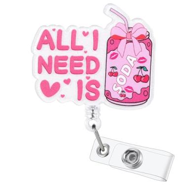Imagem de All I Need is Soda Funny Nurse Badge Reel, lindo laço rosa cereja retrátil porta-crachá de identidade, Coquette Soda Pop crachá amigo para RN CNA LPN enfermeira estudante de enfermagem médico