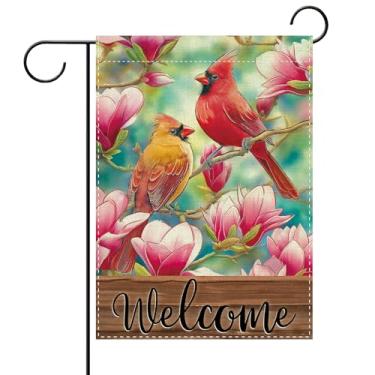 Imagem de Terkki Welcome Spring Summer Cardinal Floral Decorative Garden Flag, Red Birds Pink Magnolia Flower Small Yard Outside Decorations, Farmhouse Burlap Outdoor Home Decor Dupla Face 12 x 18