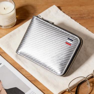 Imagem de Carteira masculina de camurça resistente à água com estampa curta, cinza empresarial, design aberto curto com padrão de camurça e tratamento resistente à água