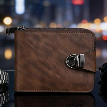 Imagem de Carteira masculina de couro curta com zíper, design elegante cinza-escuro (marrom escuro)
