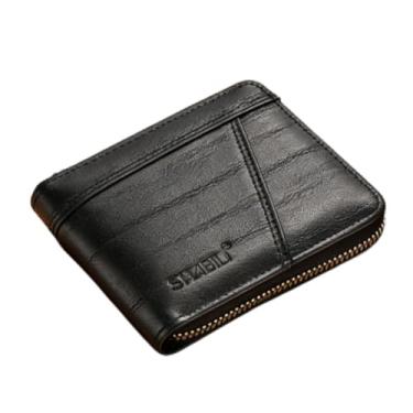 Imagem de Carteira masculina de couro curta com zíper, organizador moderno de couro com zíper (preto)