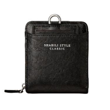 Imagem de Carteira masculina de couro curta com zíper, organizador seguro preto durável (preto)