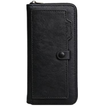 Imagem de Carteira masculina, carteira de couro longa moderna com botão de pressão e zíper, grande capacidade e vários compartimentos para cartão de crédito, organizador seguro moderno (preto)