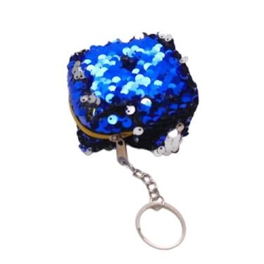 Imagem de Bolsa feminina de lantejoulas com chaveiro, minimochila brilhante, porta-chaves, bolsa quadrada para trocar 7,6 cm, Azul escuro