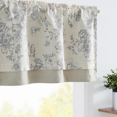 Imagem de Cortina JINCHAN con visillo floral de lino 50"x16" gris beige