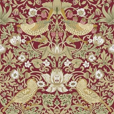 Imagem de VEELIKE Papel de parede vintage vermelho escuro ladrão de morango William Morris papel de parede floral de pássaro para quarto cozinha 17,7 x 118 '' papel de parede Morris pré-colado papel de parede