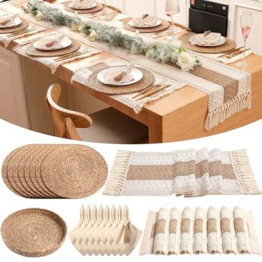Imagem de Gandeer 8 conjuntos de jogos americanos boêmios redondos de tecido, guardanapos de pano, anéis de guardanapo de contas de madeira, caminho de mesa longo e algodão rústico de serapilheira para cozinha
