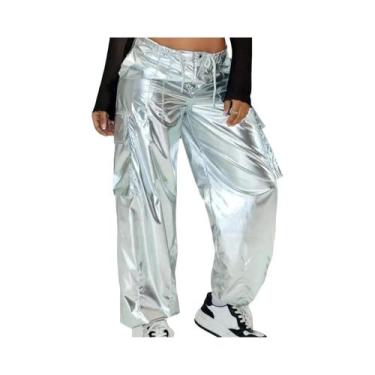 Imagem de Calças Cargo Metálicas Prateadas De Perna Larga Estilo Y2K Com Bolsos 