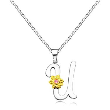 Imagem de Uloveido Colar de girassol inoxidável com inicial letra A a Z 26 alfabetos pingente presentes de formatura para mulheres meninas Y2931, Aço inoxidável, Zircônia cúbica