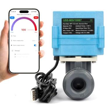 Imagem de U.S. Solid Válvula esférica motorizada inteligente WiFi 1/5.1 cm NPT para controle de água e irrigação, válvula elétrica de PVC bidirecional, alimentada por USB, indicador de status de LED, janela de