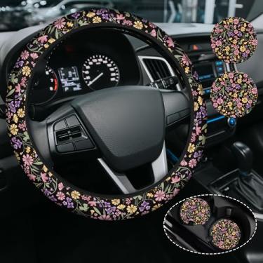 Imagem de Capa de volante floral de margarida fofa, capa de volante de neoprene antiderrapante, acessório de carro floral para mulheres, ajuste universal de 38 cm, SUVS, inclui 2 porta-copos de cerâmica