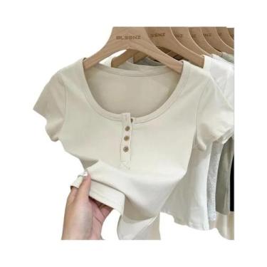 Imagem de Camiseta Feminina Slim Fit De Algodão Com Botões Manga Curta Top De Ve