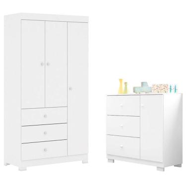 Imagem de Cômoda Infantil Com Guarda Roupa 3 Portas Duda Branco Brilho - Phoenix Baby
