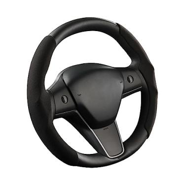 Imagem de Capa de Volante Anti-Pelúcia para Model 3 Y S Ultra Fina Couro Carbono Tecido Camurça Respirável Grip Wear Confortável Proteção em Todos os Climas Barreira UV Design Único Fácil Instalar e Limpar