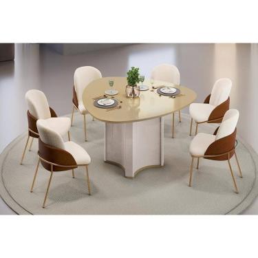 Imagem de Mesa Cozinha Chanel c/ Tampo Madeirado c/ Vidro Orgânico 136x136cm e 6 Cadeiras Vitta Off White/Dourado - Boucle Perola/Terracota-DJ Móveis