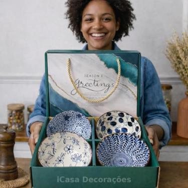 Imagem de Kit 4 Bowls Tigela Cumbuca Pote Frutas Sorvete Caldos Sopa Sushi Cerâmica Porcelana Chinesa Premium Decorada Colorida 280ml