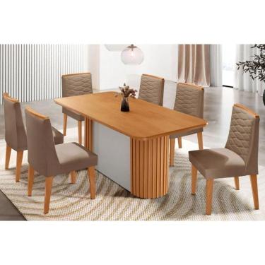 Imagem de Mesa Cozinha Pilar c/ Tampo Madeirado Canto Curvo 180x90cm e 6 Cadeiras Maldivas Madeira Maciça Naturale - Capuccino/Suede Capuccino-Rufato